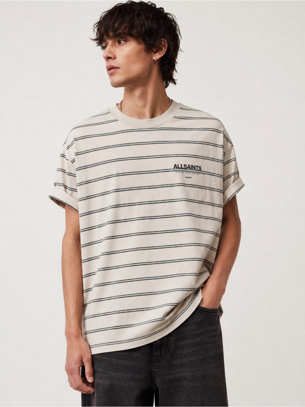 AllSaints Underground Oversized Striped T-Shirt Medium